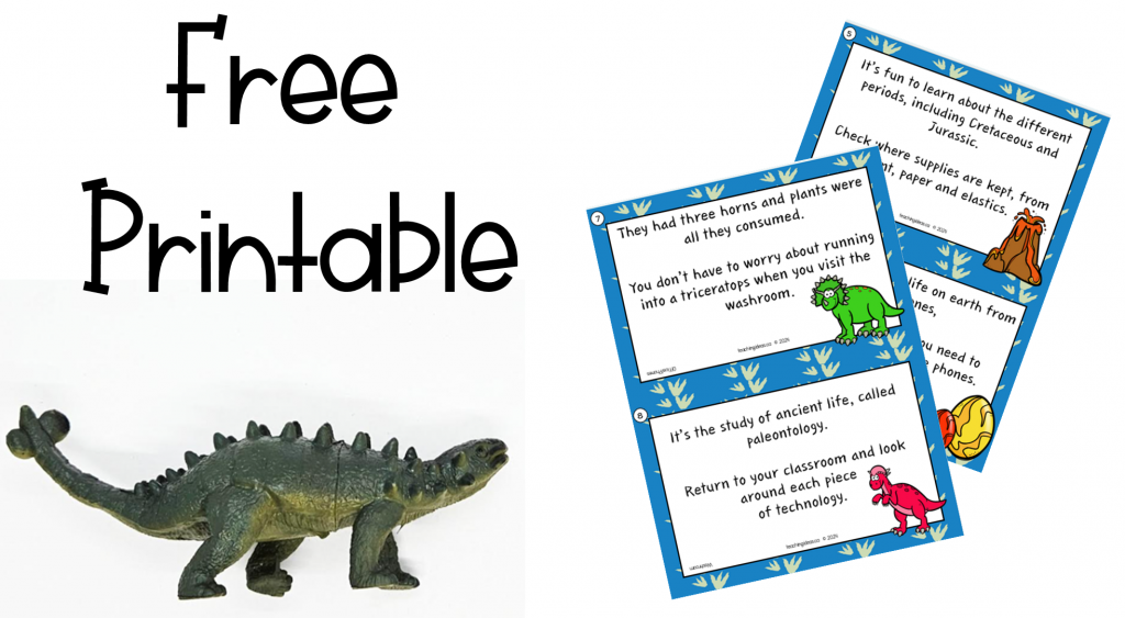 free dinosaur scavenger hunt shows a plastic dinosaur and two printable pages beside the words FREE printable.