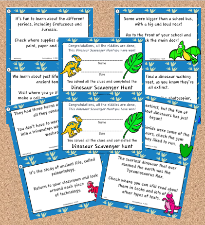 free dinosaur scavenger hunt shows three pages with a total of ten printable riddles.