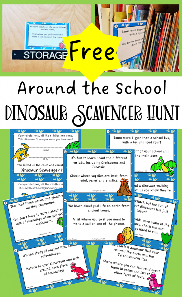 free dinosaur scavenger hunt shows a pinterest pin image of a collage of the printable riddles.