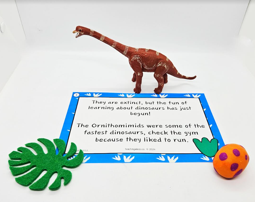 free dinosaur scavenger hunt shows a plastic dinosaur, leaf and egg with a printed riddle.