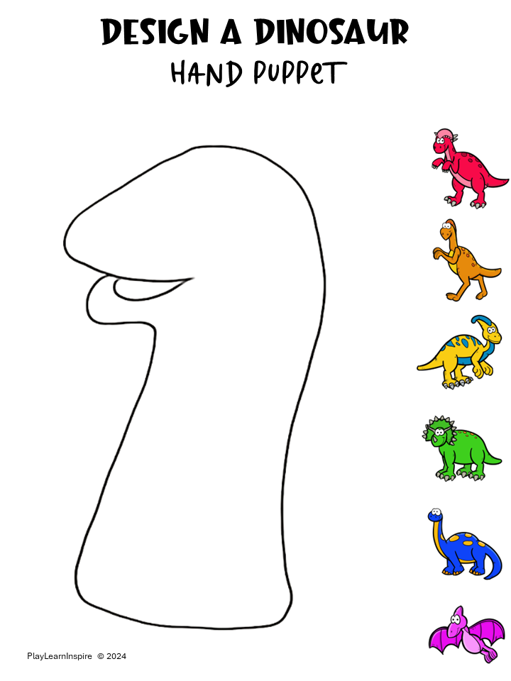 dinosaur activities for kids shows a "Design A dinosaur" hand pupper printable page.