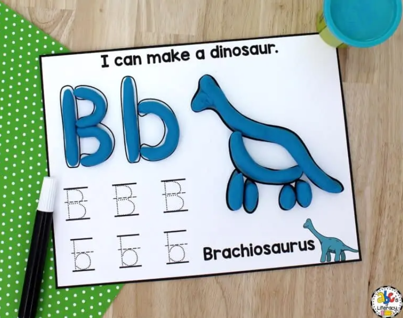 alphabet games for kids shows a "I can make a dinosaur" activity card for the letter B with play dough creating different shapes.