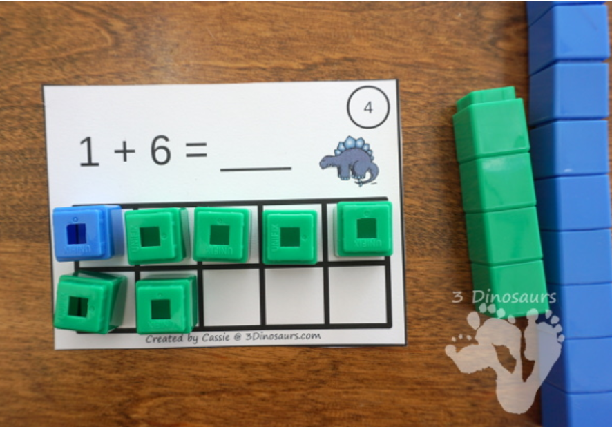 dinosaur activities for kids shows an addition card 1+6 and connecting blocks set on the ten frame.