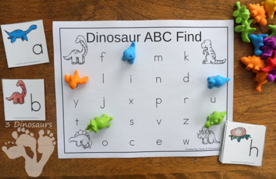 alphabet printables shows a Dinosaur ABC find printable page with dino figures and letter cards.
