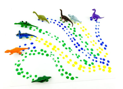 dinosaur activities for kids shows small dinosaur figures with pain footprints.