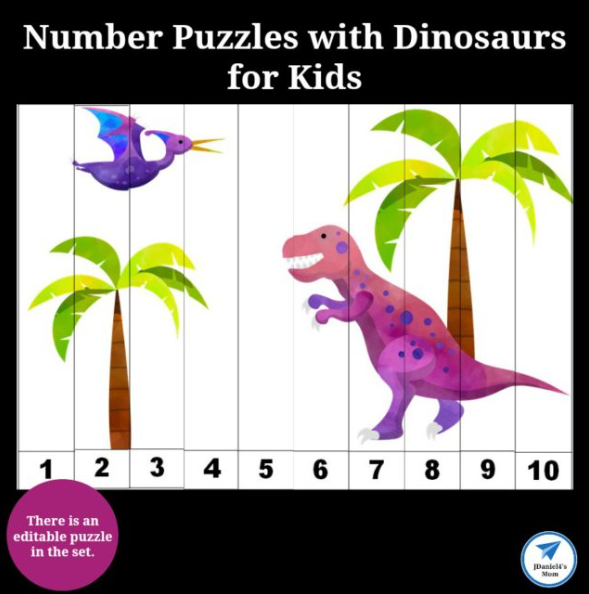 dinosaur activities for kids shows a printable page with a dino clipart and divided into 10 sections.