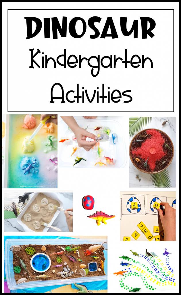 dinosaur activities for kids shows a pinterest pin collage of activities.