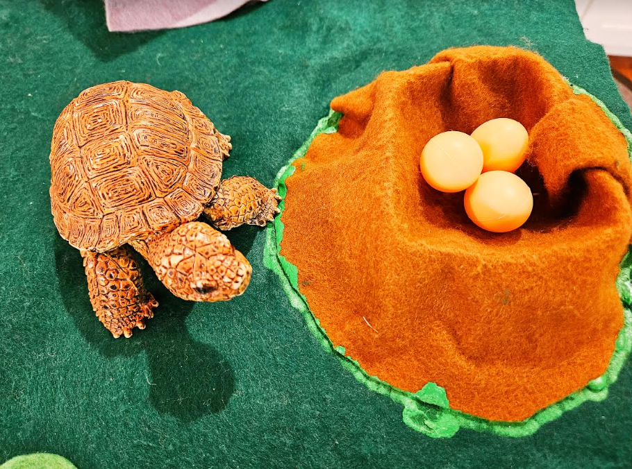 small world play shows a felt nest with three eggs and a plastic turtle figure.