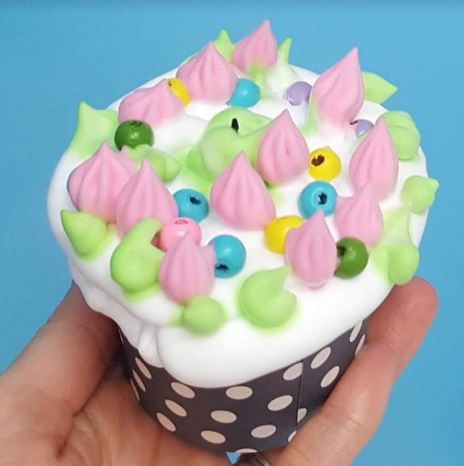 cooking for kids shows a cupcake but made from shaving bream and beads.