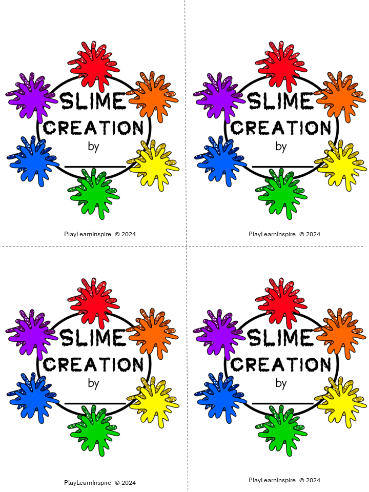 free printable shows four labels for kids slime creations.