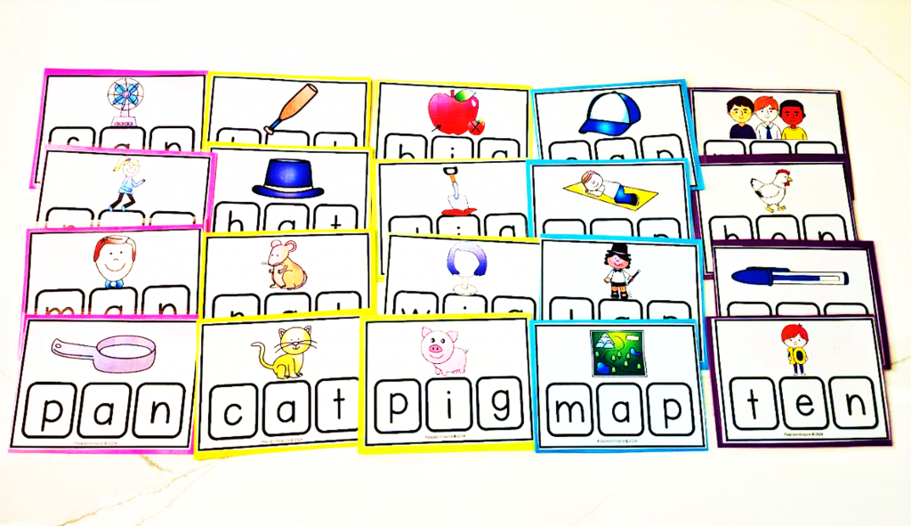 making words shows twenty activity cards with a three letter word on each from five different word families.