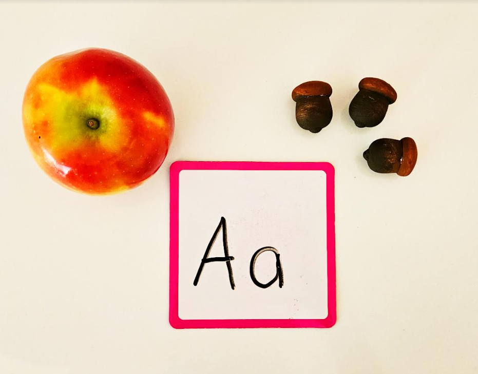 alphabet activity for kindergarten shows the letter Aa printed on a board and an apple and acorns set around it.