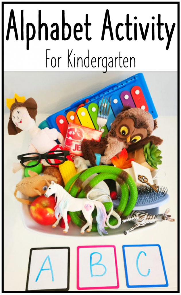 alphabet activity for kindergarten shows a pinterest pin of a bin with lots of colorful object and the letters ABC.