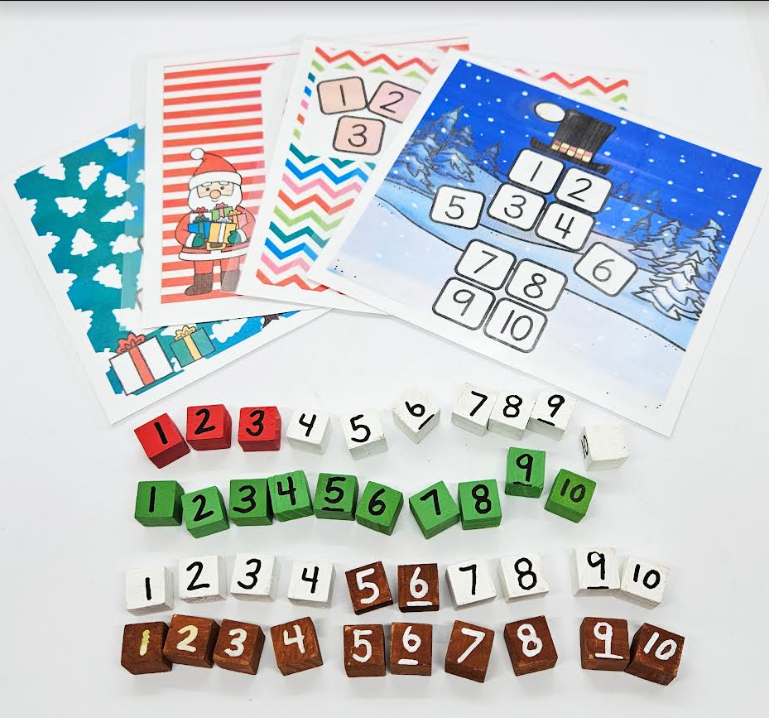 Free printable Christmas math activity set shows four printable pages and four lines of wooden blocks each numbered 1-10.