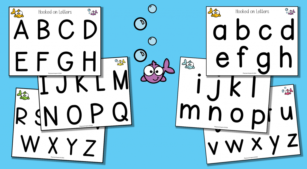letter games for preschool shows six printable pages with the letters of the alphabet on them, one capital letters the other set is lower case letters.