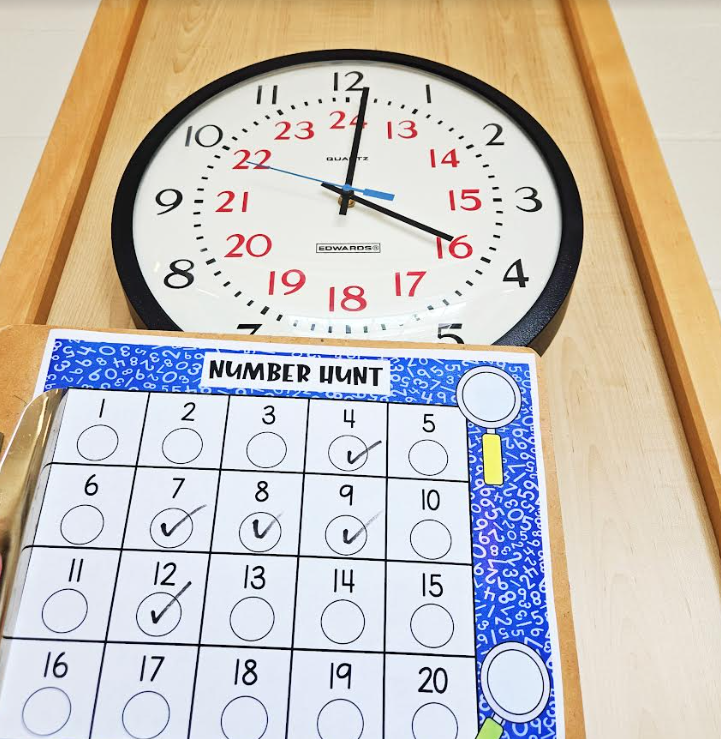free math worksheet shows a checklist held up to a clock.