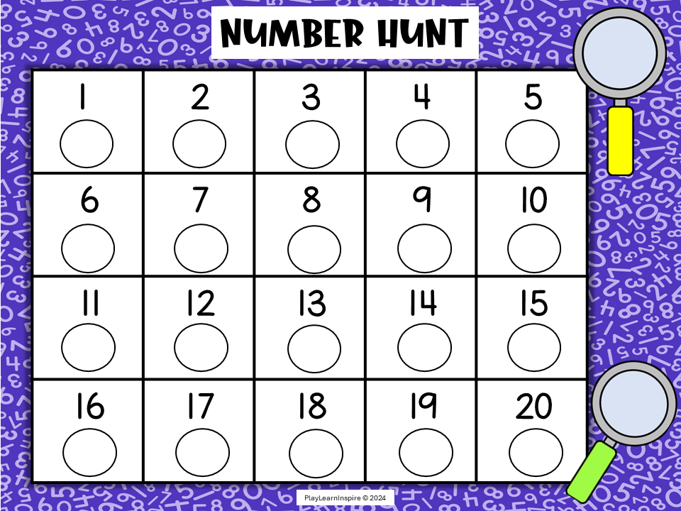 math number hunt shows a free printable worksheet with numbers 1-20.
