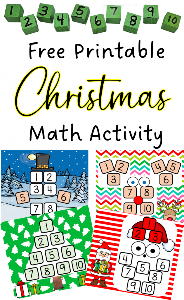 Free printable Christmas math activity set shows a pinterest pin image.
