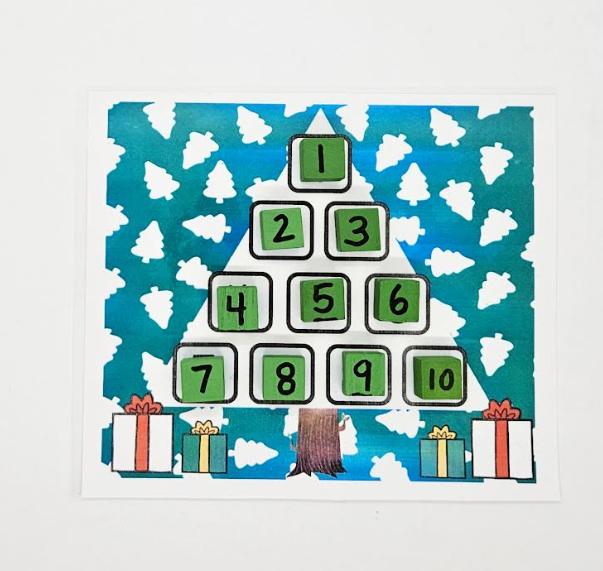 Free printable Christmas math activity set shows a christmas tree image with wooden blocks numbered 1-10 to create the tree.