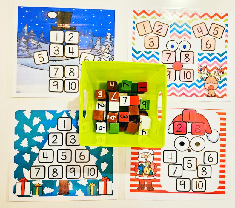 Free printable Christmas math activity set show four printable themed images and a box of wooden numbers.