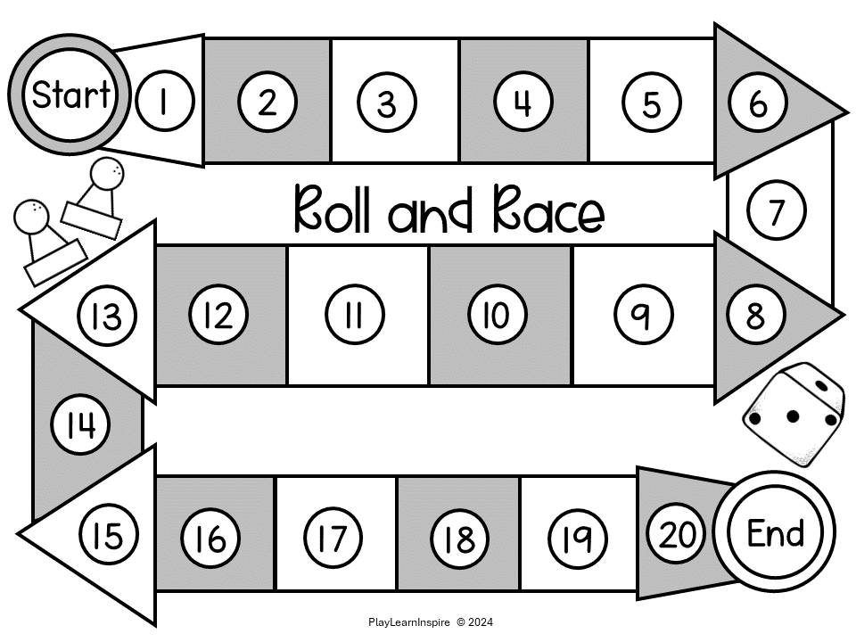 math worksheet for kindergarten shows a snakes and ladders type game in back and white.
