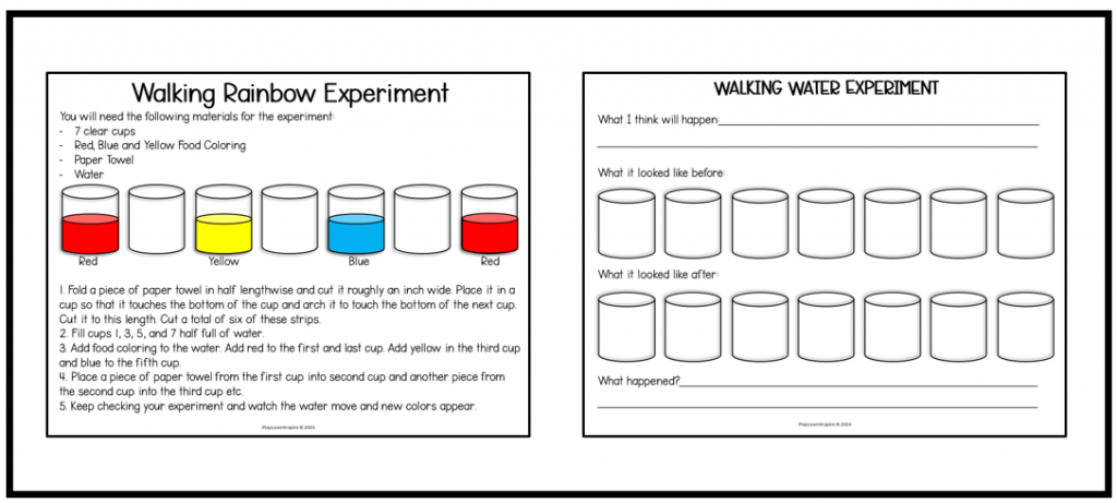 science experiment shows two printables for a walking rainbow experiment.