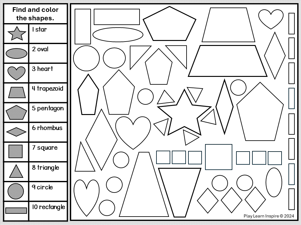 Free Kindergarten Math Worksheet shows a black and white ispy shapes worksheet.