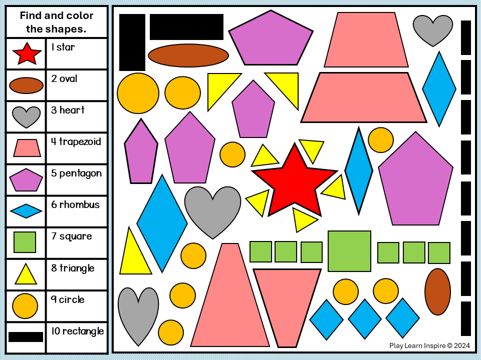 Free Kindergarten Math Worksheet shows a colored page of 2d shapes.