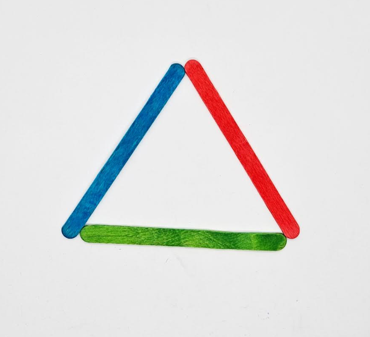 Making Shapes Activity for Kindergarten shows a triangle made from popsicle sticks.