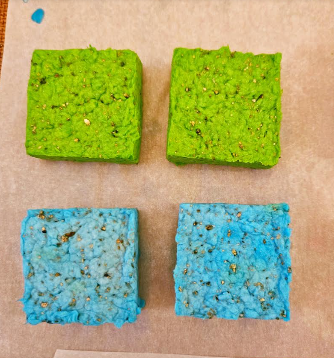diy Fathers Day gift idea shows four seed balls shaped like squares and colored green and blue.