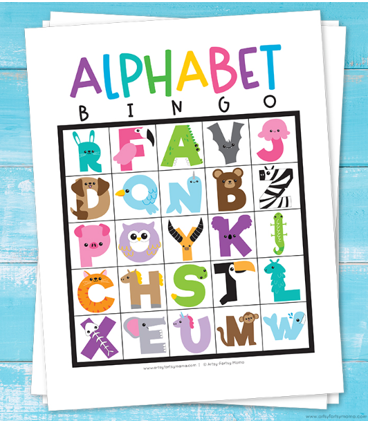 alphabet bingo shows a printable page with letters of the alphabet in the shape of different animals.