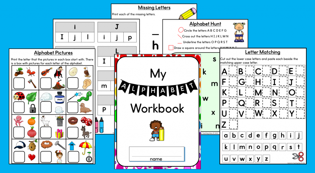 alphabet letter activity booklet shows pages from a printable booklet.