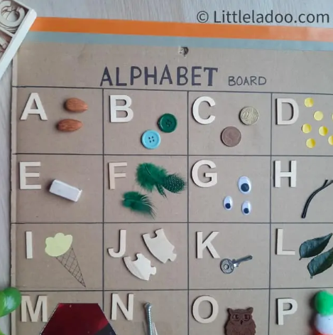 best letter activities for kindergarten shows a alphabet chart with random objects in each box that start with the letter.