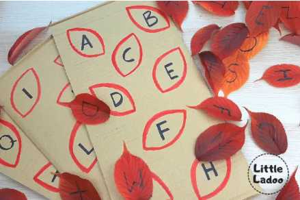 fall leaf alphabet matching shows leaves with letters printed on each and each letter on cardboard to match the leaves to.