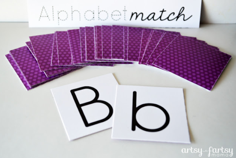 alphabet match shows a set of letter cards flipped over and the letter Bb showing.