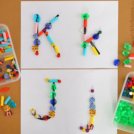 best letter activities for kindergarten shows the letter K and J created with gems and beads.