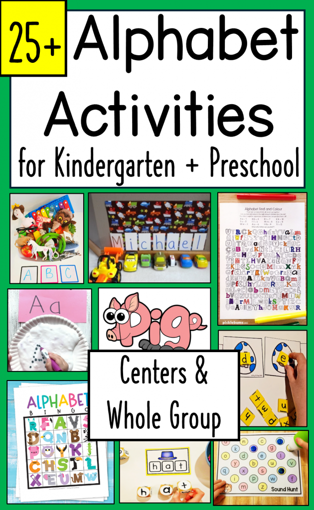 letter games for kids shows a pinterest pin with a variety of alphabet activity images.