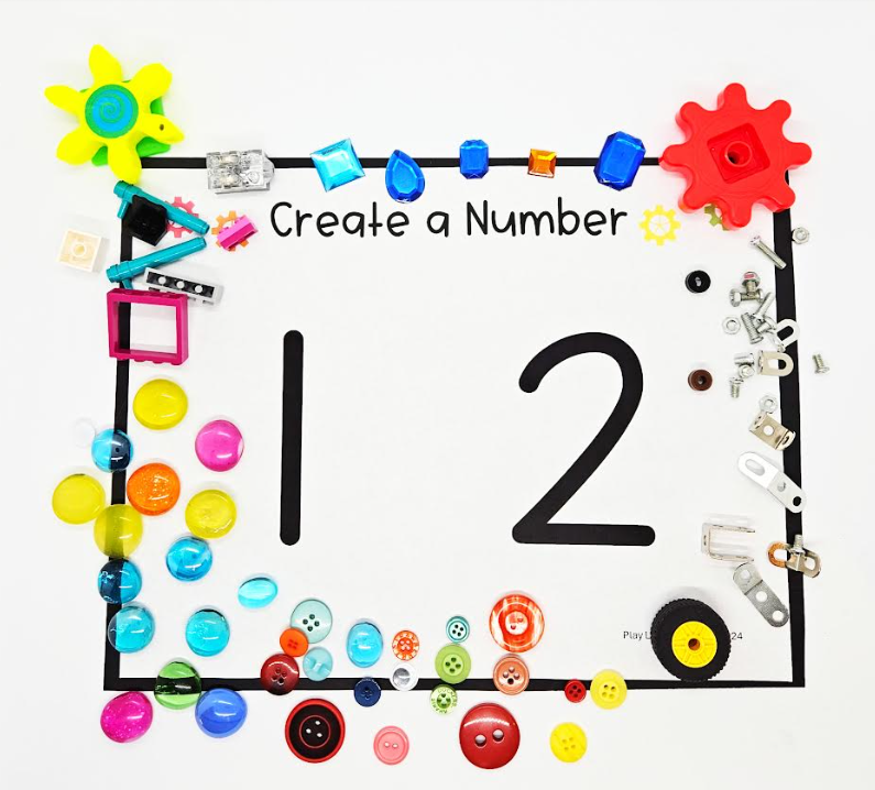 math lesson for preschool shows a "create a number" page with the numbers 1 and 2 and loose parts around it.