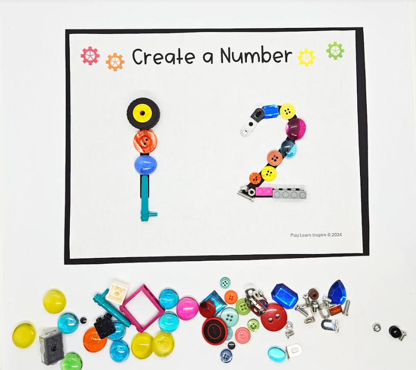 math activity for kindergarten shows a create a number sheet with loose parts creating the number 1 and 2.