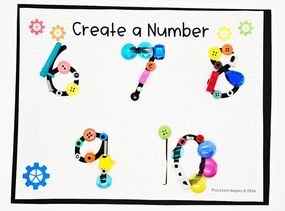 free kindergarten math worksheet shows the numbers 6-10 made from loose parts.