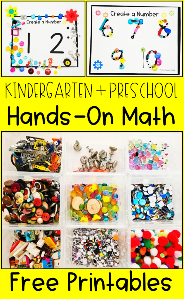 math activity for kindergarten shows a pinterest pin with a collage of tinker tray objects.