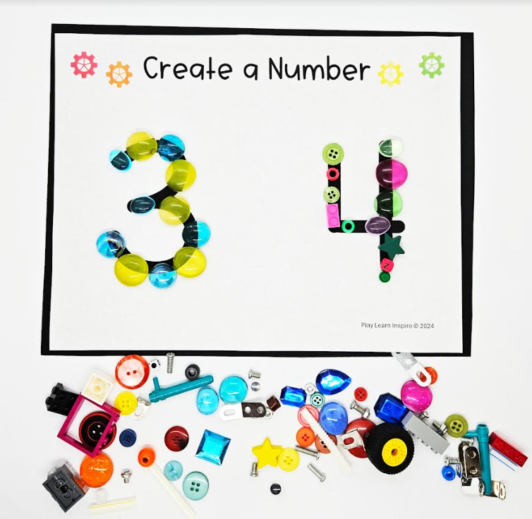 number worksheet for kids shows a sheet with the numbers 3 and 4 formed out of loose parts.