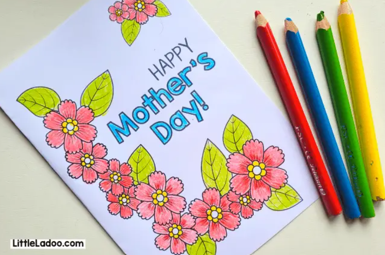 Mother's Day Gifts for Kindergarteners to Make shows a Mothers day card colored and pencil crayons.