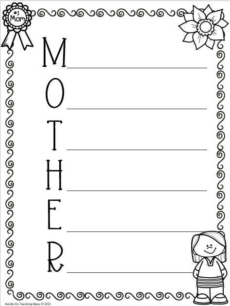 Mother's Day Gifts for Kindergarteners to Make shows a printable acrostic poem page that says Mother.