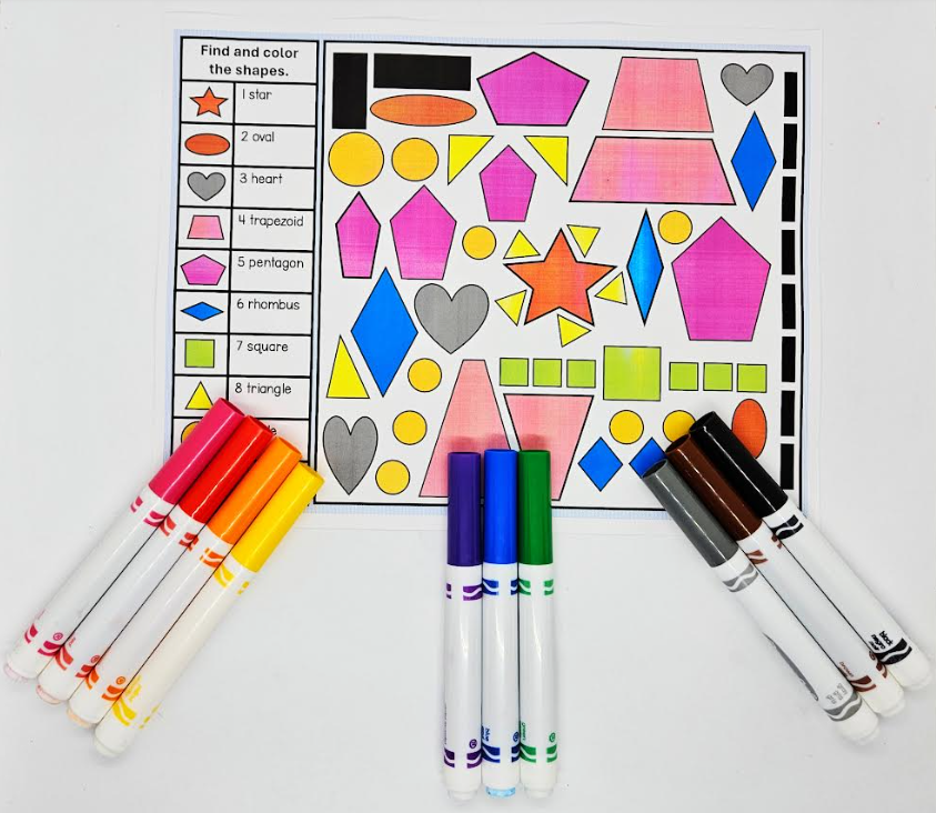 Free Kindergarten Math Worksheet shows a colored worksheet with a rainbow of markers along the bottom.
