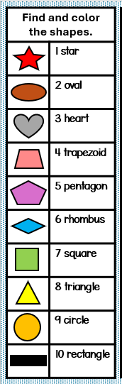 math for kids shows a list of shapes with pictures and numbers.