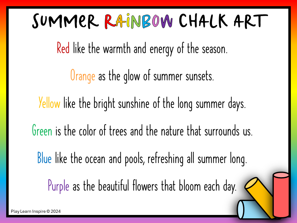 easy summer craft for kindergarten shows a printable poem for a rainbow chalk craft.