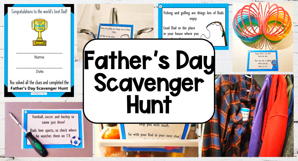 fathers day scavenger hunt shows a collage of the riddles.