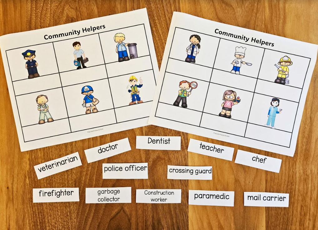 free community helpers name worksheets shows two of the printable pages and the name cut outs at the bottom.