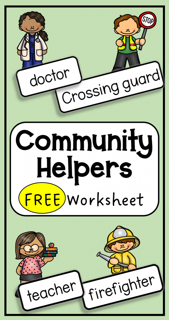 free community helpers name worksheets shows a pinterest pin image with community helpers and their names on tags.